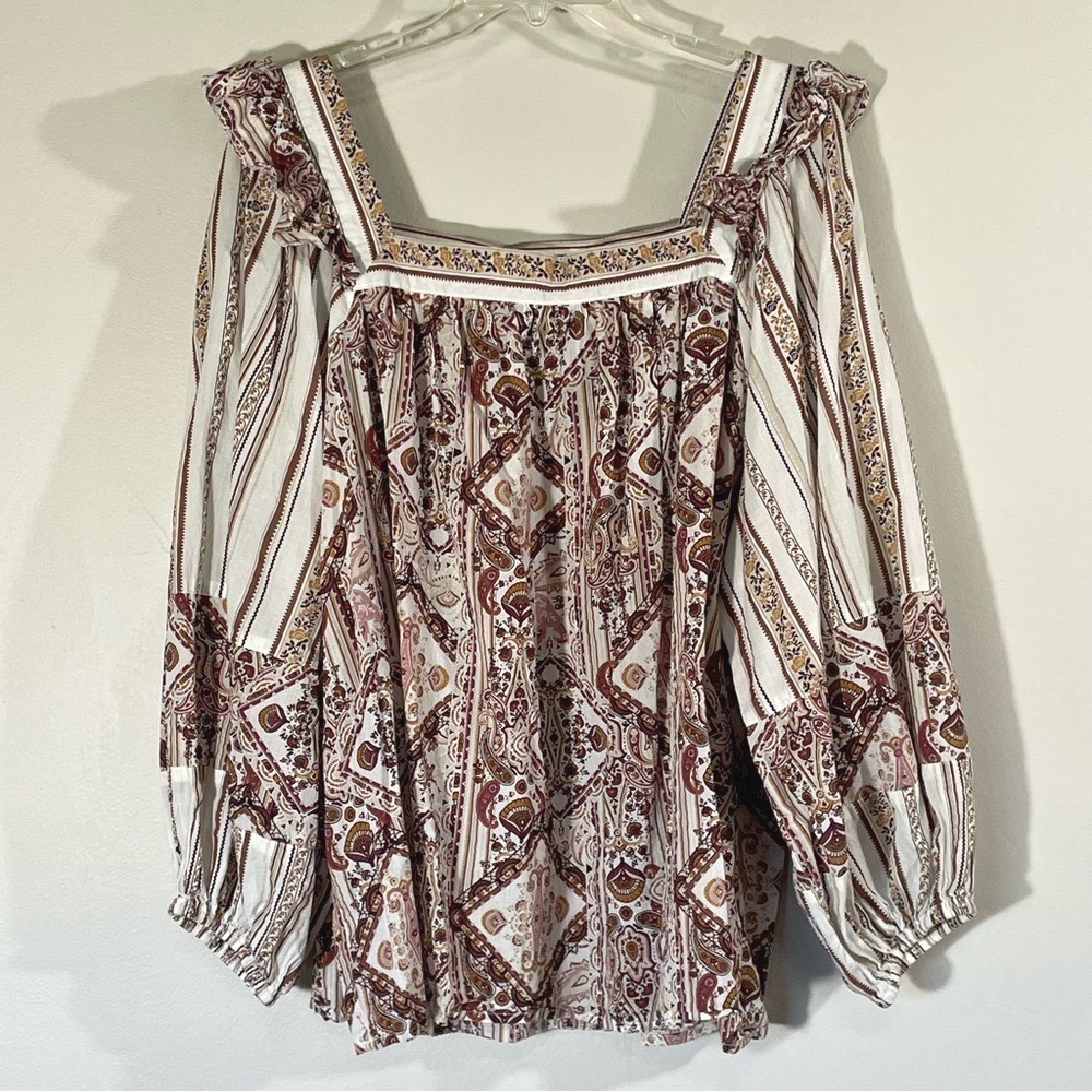 Cato Paisley Stripe Square Neck Patchwork Blouse Burgundy Cream Plus Size 22 24 - Picture 2 of 9